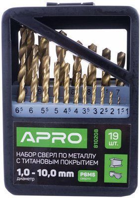 Набір свердел по металу Apro - 19 шт. (1-10 мм) титан 000064040 фото