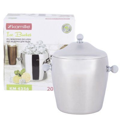 Ведро для льда с крышкой Kamille 2л из нержавеющей стали с двумя ручками KM-4356 4356 фото