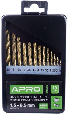 Набір свердел по металу Apro - 13 шт. (1,5-6,5 мм) титан 000063994 фото