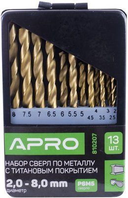 Набір свердел по металу Apro - 13 шт. (2-8 мм) титан 000063966 фото